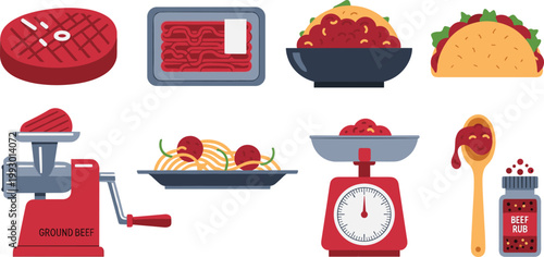 Artisan Coffee Shop and Bakery Vector Icon Set Featuring Espresso Machine, Portafilter, Milk Frothing Pitcher, Latte Art Cup, Coffee Beans, Croissant, and Takeaway Cup