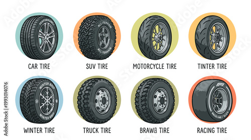 hand drawn tire types icon set in vintage badge style for automotive design