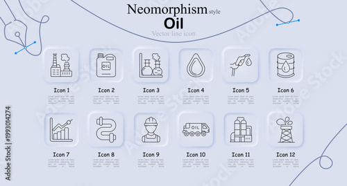 Oil set icon. Refinery, canister, lab test, drop, fuel hand, barrel, chart, pipeline, worker, tanker, plant, pumpjack, energy industry, petroleum production, fuel system.