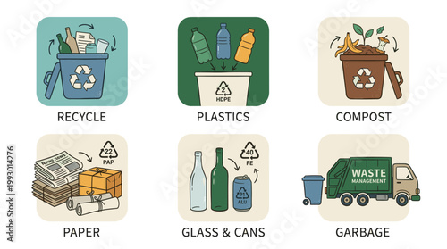 hand drawn eco recycling and waste sorting illustration set in modern doodle style