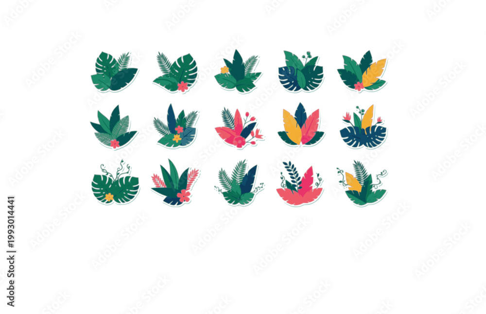 Obraz premium Rainforest Background Trendy Color Sticker. Flat Vector Jungle Leaves and Tropical Nature Illustration.