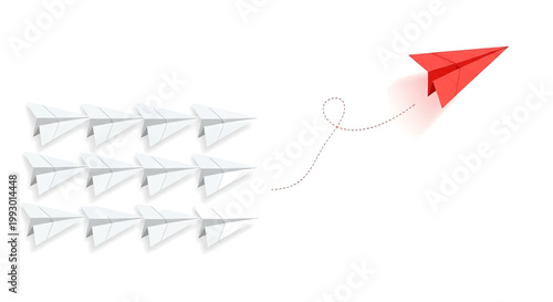 A red paper airplane leads a group of white paper airplanes flying in formation on a, symbolizing individuality and leadership