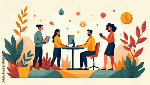 A minimalist illustration of a lush plant in a bright yellow pot. Perfect for conveying themes of growth, nature, and a fresh, modern aesthetic in bra