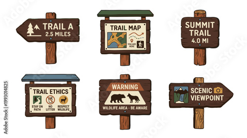 hand drawn wooden trail and camping signs set in rustic outdoor illustration style