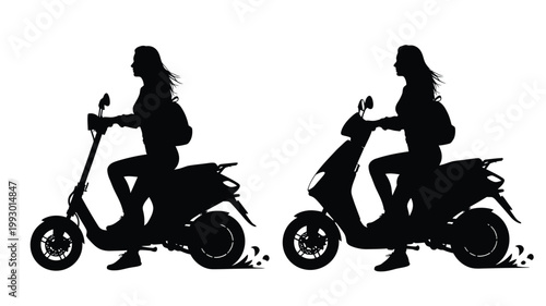 Two women riding scooters depicted in a striking black silhouette