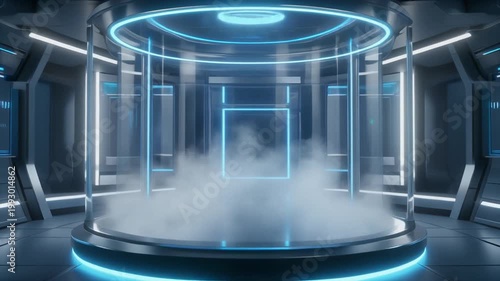 Futuristic chamber with glowing blue neon rings, cylindrical glass enclosure, mist inside, sci-fi laboratory teleportation device.