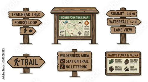 hand drawn wooden trail and camping signs set in rustic outdoor illustration style