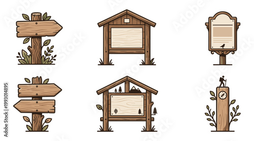 hand drawn wooden trail and camping signs set in rustic outdoor illustration style