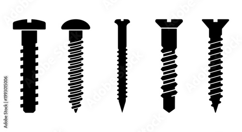 Industrial screw silhouette icons set, black metal bolt and fastener vector collection, hardware tool equipment for construction and repair