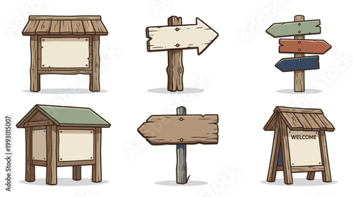hand drawn wooden trail and camping signs set in rustic outdoor illustration style