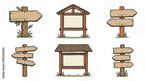hand drawn wooden trail and camping signs set in rustic outdoor illustration style