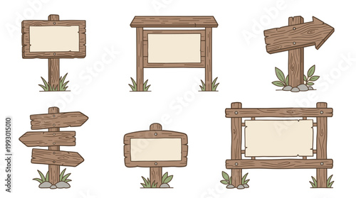 hand drawn wooden trail and camping signs set in rustic outdoor illustration style