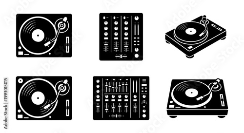 Retro DJ equipment icons set, black and white vinyl record player turntable vectors, professional audio mixer and music production gear collection