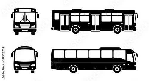 Public bus vector icons set, city transport and shuttle coach silhouettes, front and side view of passenger bus vehicles for transit maps