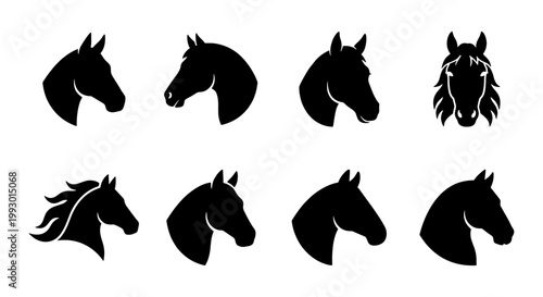 Black horse head silhouette icons, set of 8 equestrian vector elements, minimalist stallion and mare profile portraits for ranch and farm logos