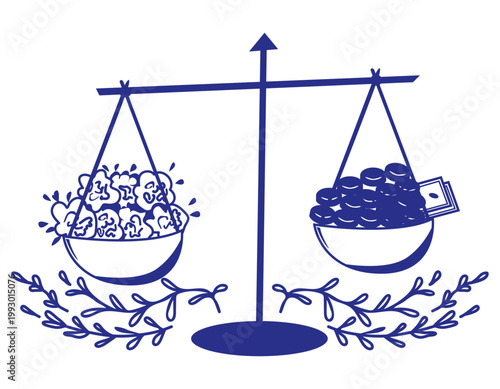 Libra zodiac sign with ornament of plants and roses. Coins, money on the scales. Horoscope, astrology. Black-and-white. Vector illustration