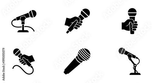 Microphone icon set with hand holding mic, professional vocal equipment silhouettes, 6 black vector symbols for podcasting and music