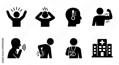 Medical symptoms and healthcare icon set, black silhouette patient illness symbols, hospital and injury vector collection for clinical infographics