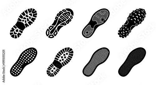 Black shoe print silhouettes, set of 8 footwear sole patterns, athletic sneaker and boot footprint icons, rubber tread textures for forensic and sport design