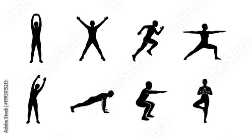 Fitness silhouette collection of 8 workout icons, athletic people exercising and yoga poses, black vector set for gym and wellness branding
