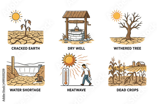 vintage style climate change and drought icons set with environmental concept illustrations