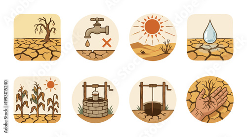 vintage style climate change and drought icons set with environmental concept illustrations