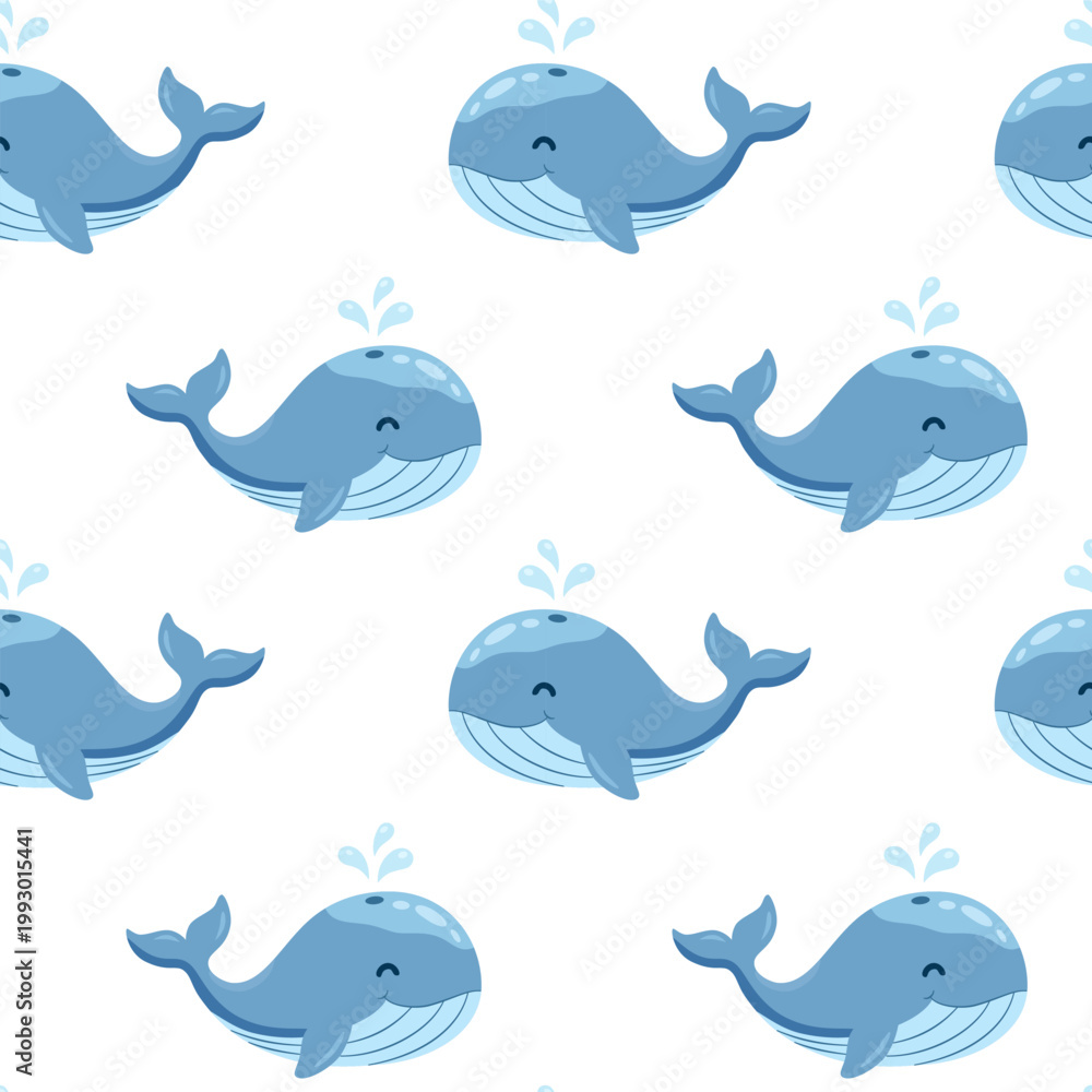 Fototapeta premium Cute Blue Whale Cartoon Vector Seamless Pattern for Kids
