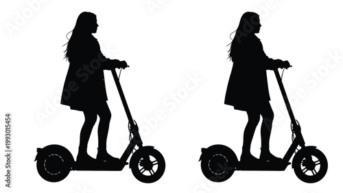 Two women riding electric scooters depicted as a stark silhouette