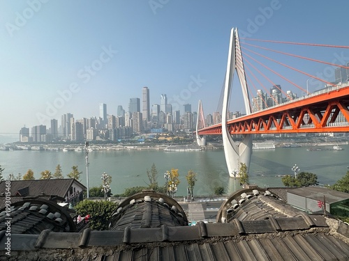 Chongqing skyline with modern cable-stayed bridge over the Yangtze River