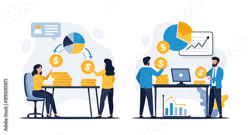 Business people analyzing financial data and charts for investment growth.