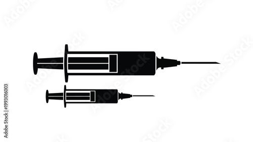 Two medical syringes displayed in a stark black silhouette