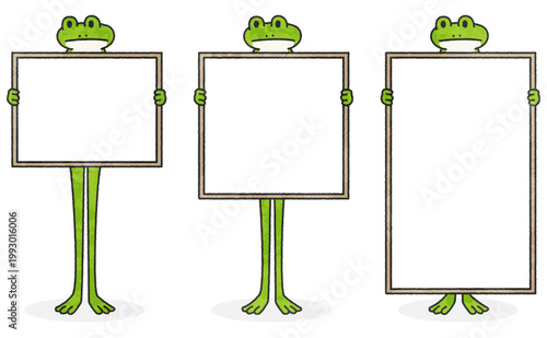 看板を両手で持ち正面を向いているカエルのイラスト