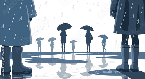 Rainy city scene, people with umbrellas, rainy day illustrations, urban weather
