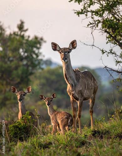 Deer Family in Natural Habitat Landscape.