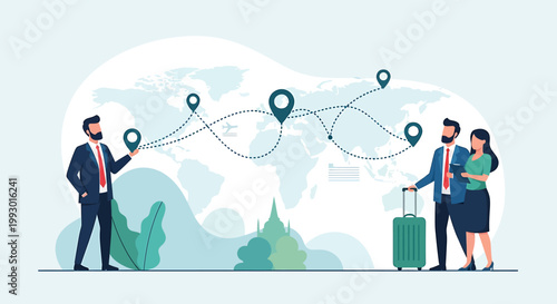 Business people planning travel routes on world map illustration.