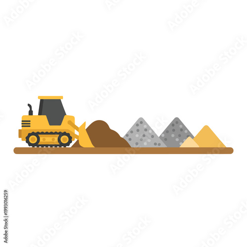 A yellow crawler loader pushes a large brown pile of dirt next to several mounds of gravel and sand on a construction site.