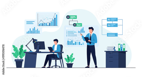 Business professionals analyzing data and charts in an office setting.