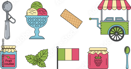 Authentic Italian Coffee and Tiramisu Vector Icon Set Featuring Moka Pot, Espresso Cup, Layered Tiramisu Cake, Ladyfinger Biscuit, Coffee Beans, and Whipped Cream