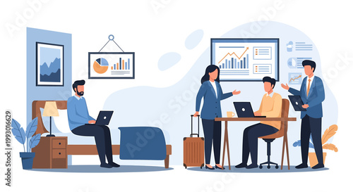 Business professionals collaborating and working remotely with laptops.