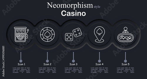 Casino set icon. Slot machine jackpot, poker chip spade, dice gamble, casino location pin, dealer table cards, gambling entertainment, betting game, luxury nightlife.