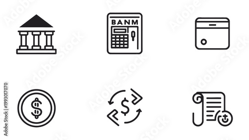 Banking and Finance Icons: A minimalist icon set presents essential elements of banking and finance, perfect for conveying financial concepts. 