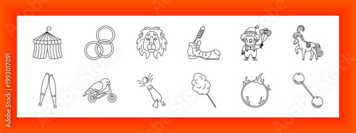 Circus performance line icons set with striped tent, rings, lion, clown shoe, jester, carousel horse, juggling clubs, stunt bird, cannon act, cotton candy, flaming hoop and balancing dumbbell