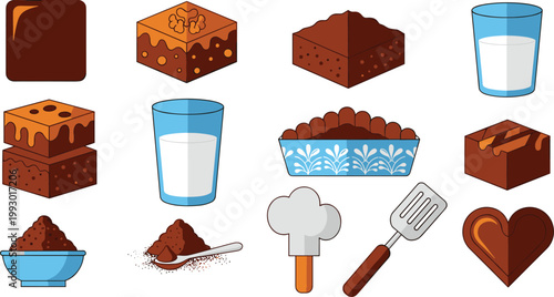 Chocolate Brownie Baking Vector Icon Set Featuring Fudge Brownie Squares, Cocoa Powder, Milk Glass, Spatula, Chef's Hat, and Heart-Shaped Brownie