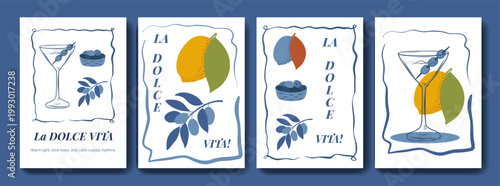Summer Mediterranean poster set with lemons, olives and cocktails in artistic frames. Stylish wall art collection for kitchen, dining room or cafe interior design.