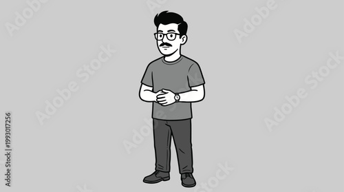 Modern Cartoon Man with Glasses and Moustache Standing Confidently wit