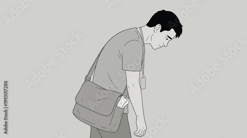 Sad Young Man with Messy Hair Shoulder Bag and Drooping Shoulders - Ex