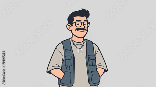 Stylish Cartoon Man with Glasses and Vest Modern Hipster Portrait Vect
