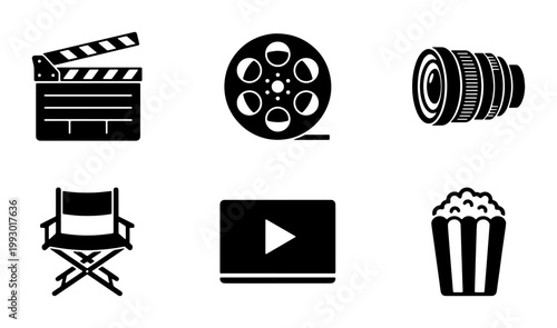 Cinema and movie production icon set, black minimalist film industry symbols, clapperboard and director chair vector graphics, 6 flat video icons