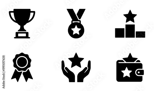 Achievement and reward icon set, black solid trophy and medal vector symbols, success and recognition elements for business and sports apps