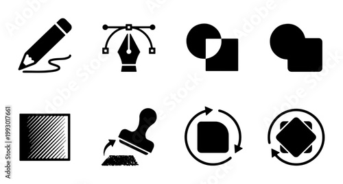 Graphic design tool icons, 8 black vector symbols for digital art software, creative editing and illustration UI elements, minimalist workspace icons
